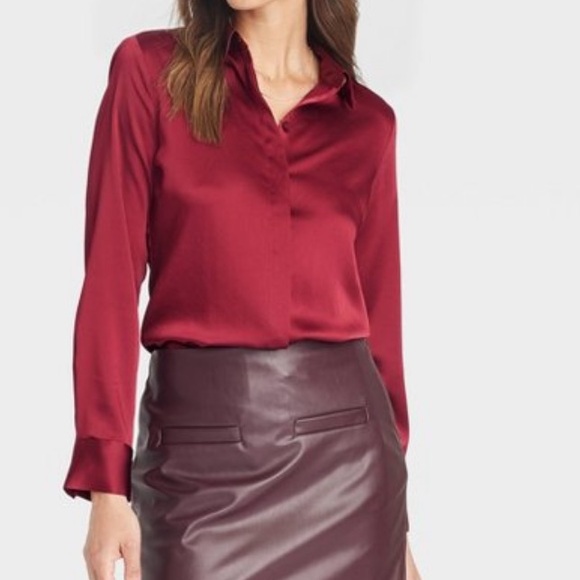 a new day Tops - Womens  Long S  Satin Botto  Down Shirt.    Burgundy M